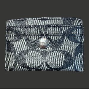 Coach Gray & Black Signature Card Holder with Metal Button